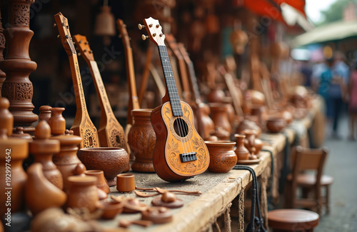 Wooden stringed instruments and pottery displayed at an outdoor market stall. Handcrafted ukuleles and other folk music tools are for sale. Items show intricate carvings and traditional designs.