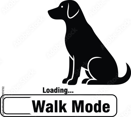 Minimalist black silhouette of a sitting dog with a loading bar and the words walk mode, creative pet lifestyle vector for animal walking apps.