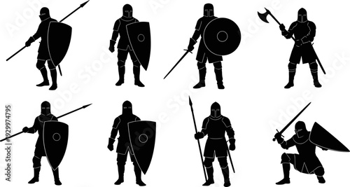 Medieval knight warrior silhouettes set, armored soldiers with swords shields spears axes, black vector illustration collection for history, fantasy, game design