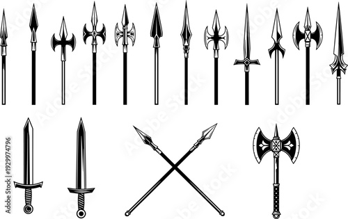 Medieval spear and weapon silhouettes vector set, fantasy polearms swords and axes collection illustration for battle, warrior, heraldry design