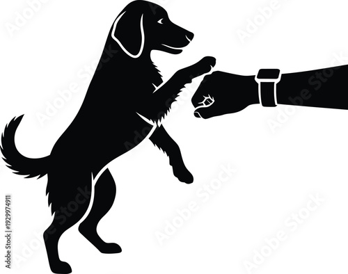 Black silhouette of a loyal dog performing a fist bump with its owner wearing a smartwatch, heartwarming pet friendship and training vector illustration.