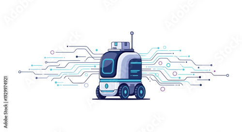 A small autonomous delivery robot carrying a package is surrounded by blue circuit line patterns on a clean white background.