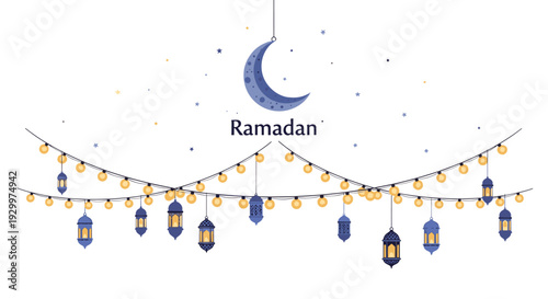 A blue crescent moon hangs above strings of yellow lights and blue lanterns with the word Ramadan written in the center on white.
