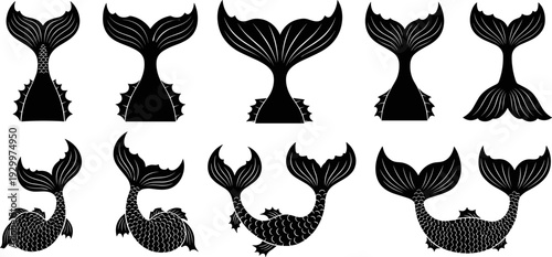 Mermaid tail silhouettes set, fantasy ocean fish tails vector illustration, isolated black mermaid fin shapes collection for myth, sea, underwater design projects