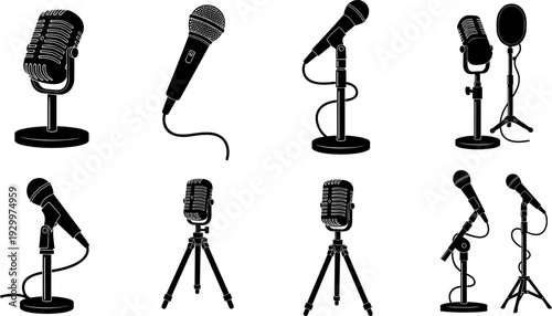 Microphone silhouettes vector illustration set, studio and stage audio equipment collection, professional vocal recording mic icons isolated on white background