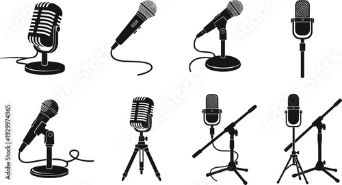 Microphone icons set vector illustration, studio audio recording microphones collection, podcast broadcast music equipment silhouettes, professional sound technology design isolated on white
