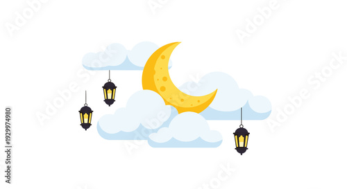A large yellow crescent moon sits among light blue clouds with three hanging lanterns on a clean white background.