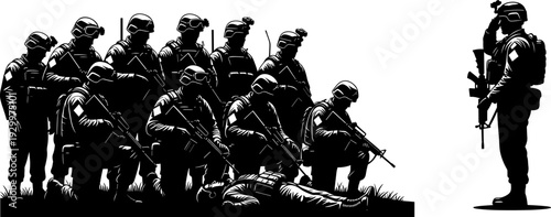Military Soldiers Team Silhouette Mourning Fallen Comrade Salute Vector Illustration, Group of Armed Forces Kneeling in Uniform Respectful Memorial Service, Honor and Sacrifice