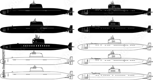 Military submarine silhouette vector illustration set, modern naval underwater vessels collection, black and white warship designs, defense fleet icons for infographic, technical, marine use