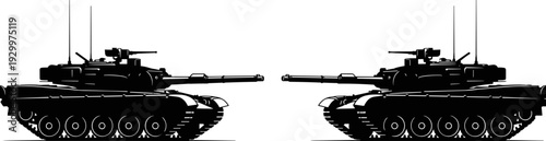 Military tank silhouettes illustration, modern armored combat vehicles vector artwork in black and white for warfare defense themes, army design projects