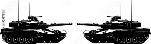 Military tank silhouettes illustration, modern battle armored vehicle icons, black and white combat machine design, symmetrical army weapon vector artwork