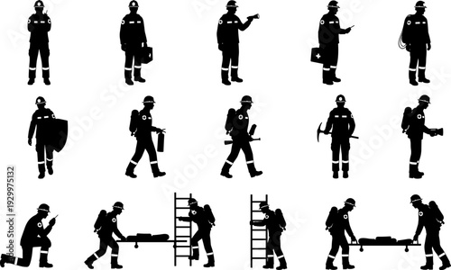 Mine rescue team silhouettes, emergency response workers with first aid kits, stretchers, ladders, flashlights, and safety gear for underground mining industrial operations.