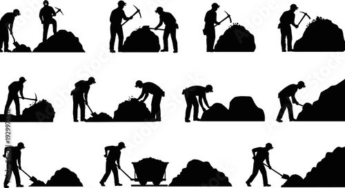 Miner and Excavation Worker Silhouette Vector Set, Coal Mining, Gold Prospecting, Manual Labor, Digging, Shoveling, Hard Hat Safety, Industrial Industry Black Icons