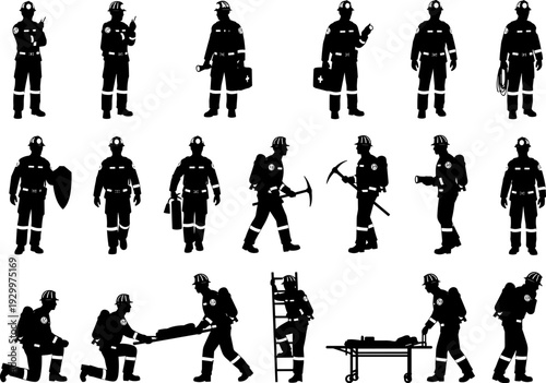Mine rescue team silhouettes, emergency response workers with stretchers, first aid kits, ladders, pickaxes, and safety gear for industrial mining operations.