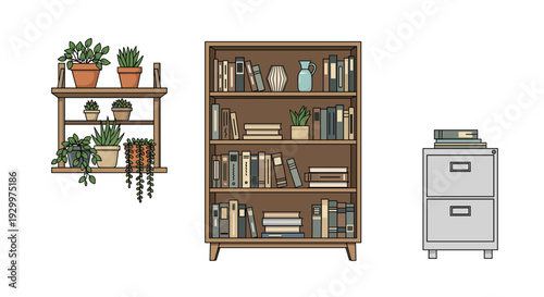 A wooden wall shelf with plants and a large bookshelf stand next to a grey metal filing cabinet on white.