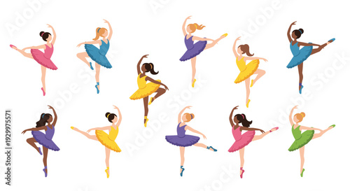Eleven diverse female ballet dancers wearing colorful tutus perform various dance poses across a clean white horizontal space.