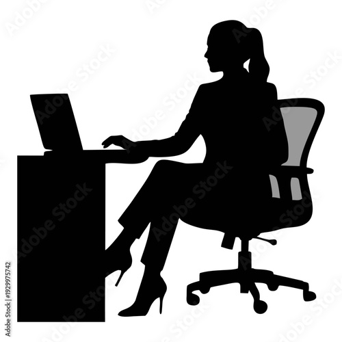 Black silhouette of a professional businesswoman sitting on an office chair working on a laptop at a desk, side view profile, ponytail hairstyle, wearing high heels, elegant posture, minimalist vector