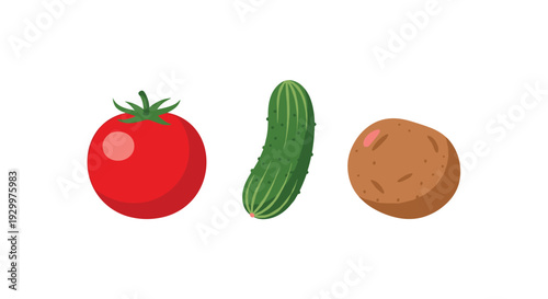 A red tomato with a green stem sits next to a green cucumber and a brown potato on a plain white background in a flat illustration.