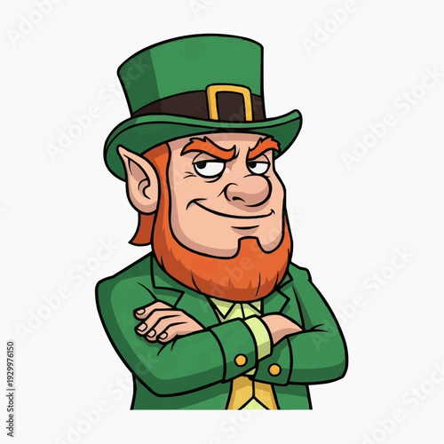 Suspicious leprechaun with arms crossed, smirking