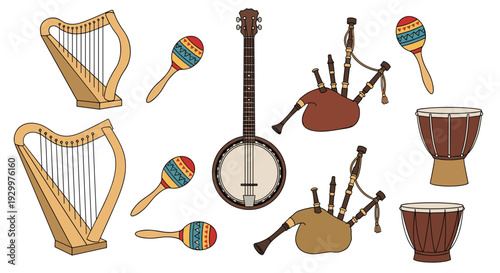 Various hand drawn musical instruments including harps maracas a banjo bagpipes and drums are scattered across a plain white background.