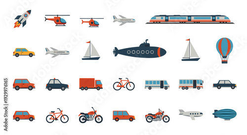 A large collection of twenty four diverse transportation icons for air water and land travel is presented on a plain white background.