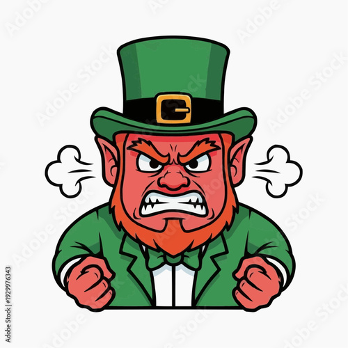 Angry leprechaun with clenched fists, rage and frustration, St. Patrick's Day