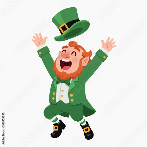 Joyful leprechaun jumping and throwing hat, St. Patrick's Day celebration