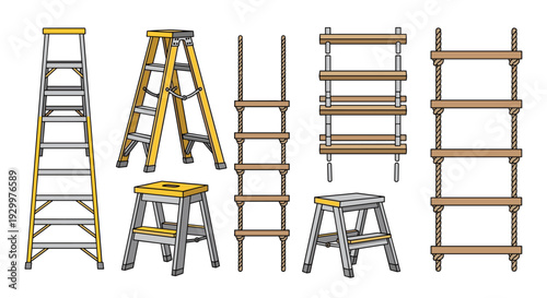 A collection of seven various ladders and step stools including A-frame designs and rope styles are displayed against a plain white background.