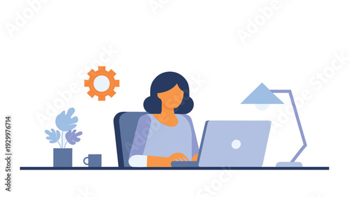 Vector illustration of woman working on laptop at desk