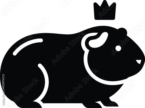 Minimalist black guinea pig silhouette wearing a small crown on its head, cute royal pet vector illustration for rodent lovers and animal branding.
