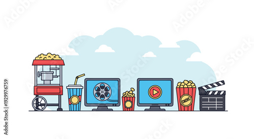 A red popcorn machine and a blue soda cup stand next to computer monitors and a movie clapperboard against a light blue sky background.