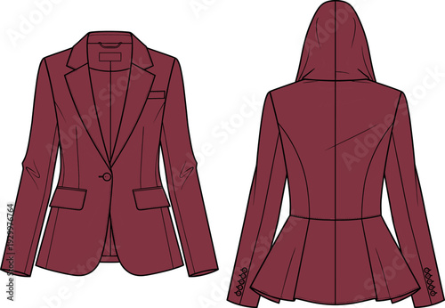 Women's fashion flat technical drawing sketch template of a fitted hooded peplum blazer jacket with single button closure and notch lapels, vector illustration.