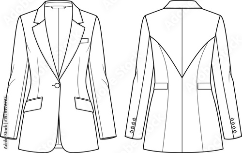 Women's fashion flat technical drawing sketch template of a classic fitted blazer jacket with single button, notch lapels, and tailored back seams, vector illustration.