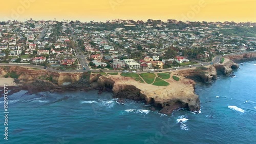 Aerial panorama of Del Mar California showing cliff side homes overlooking Pacific Ocean coastline