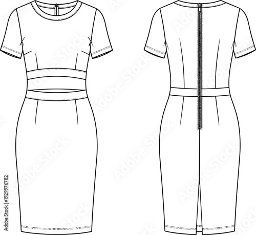 Women's fashion flat technical drawing sketch template of a classic fitted pencil dress with short sleeves and defined waist bands, vector illustration.