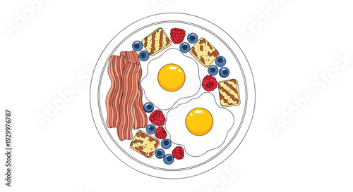 A white plate holds two sunny-side-up fried eggs surrounded by crispy bacon strips and fresh berries with small pieces of toast.