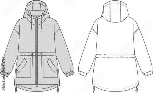 Women's fashion flat technical drawing sketch template of a hooded anorak parka with zipper, adjustable drawstring waist, and flap pockets, vector illustration.