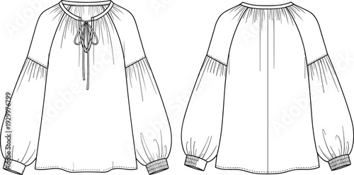 Women's fashion flat technical drawing sketch template of a gathered neck peasant blouse with tie detail, raglan sleeves, and elastic shirred cuffs, vector illustration.