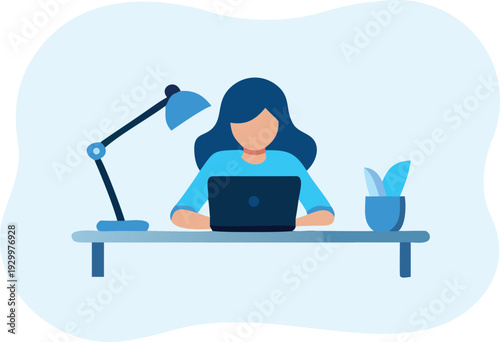 Vector illustration of woman working on laptop at desk