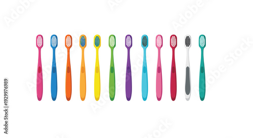 Thirteen multi-colored plastic toothbrushes with white and colored bristles are arranged in a horizontal line against a solid white background.