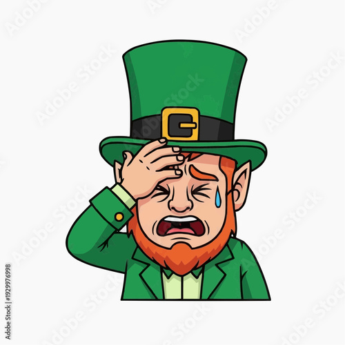 Frustrated leprechaun holding head, St. Patrick's Day stress and worry