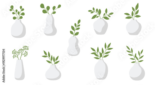 Nine distinct white ceramic vases holding green leafy stems are arranged in two rows across a solid white background in a horizontal orientation.