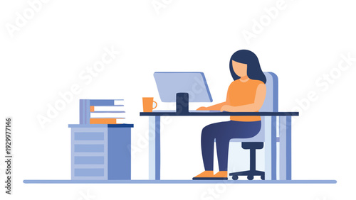 Vector illustration of woman working on laptop at desk