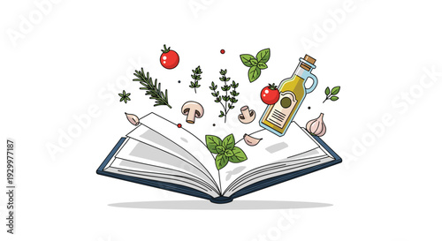 A detailed open book with flipping pages is surrounded by floating herbs, cherry tomatoes, garlic cloves, mushrooms, and olive oil against a white background.