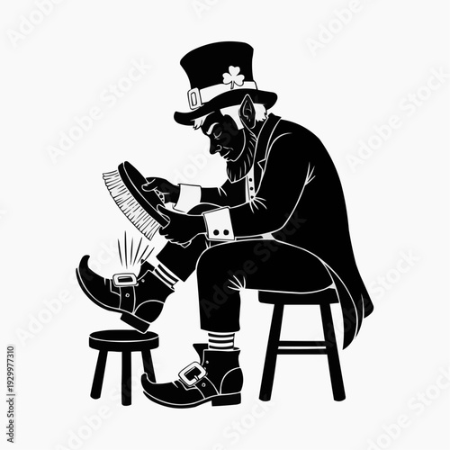 Silhouette of a leprechaun polishing his boots on a stool.