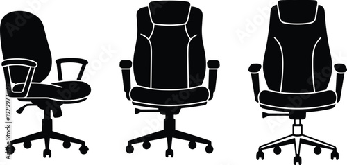 Office chair silhouette collection vector illustration isolated on white background featuring ergonomic seating furniture for workplace interior design, corporate environment, and modern office 