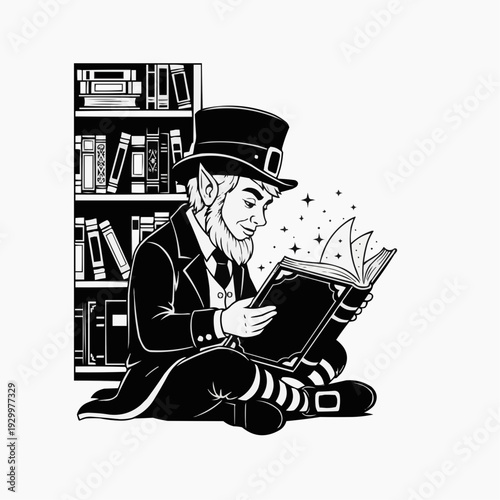 Leprechaun reading a book in front of a bookshelf, St. Patrick's Day