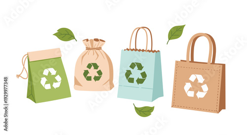 Four different types of eco-friendly reusable shopping bags with recycling symbols and green leaves are displayed against a plain white background.