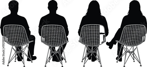 People sitting on chairs back view silhouette vector illustration isolated on white background representing audience seating, waiting area, meeting participants, and social gathering 
