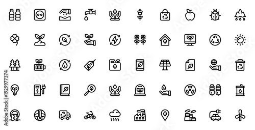 Environment icon set. Vector symbols for eco, energy, recycling and nature. Includes water bottle, leaf, solar panel, windmill, recycle bin, earth and more. Editable stroke.